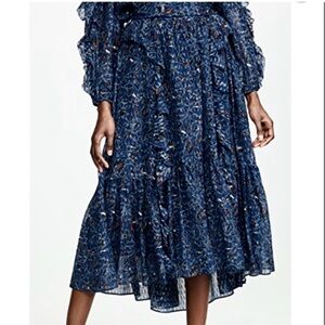 Ulla Johnson Blue Floral ruffle  with belt Midi Skirt size 4
